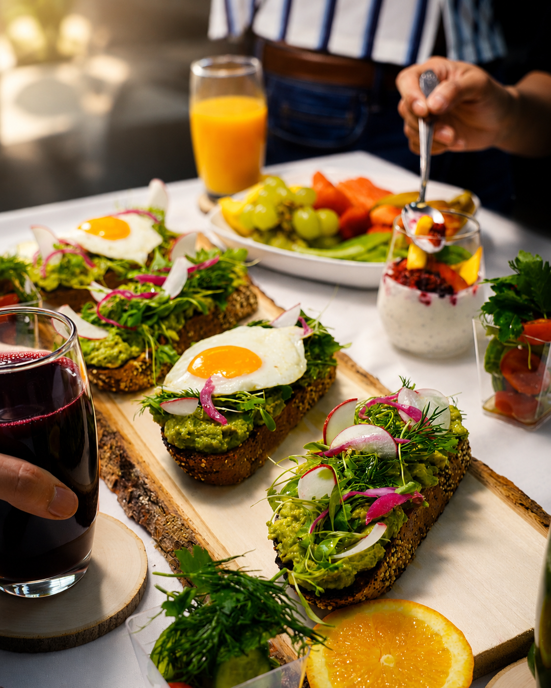 Mesa de evento Ebbie con avocado toasts, parfaits y jugos frescos